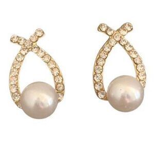 Criss Cross Faux Pearl & Rhinestone Crystal CZ Earrings Gold Tone Wedding Bridal